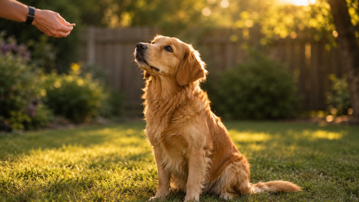 An owner crouching in front of a dog, holding a treat above the dog's head as it sits