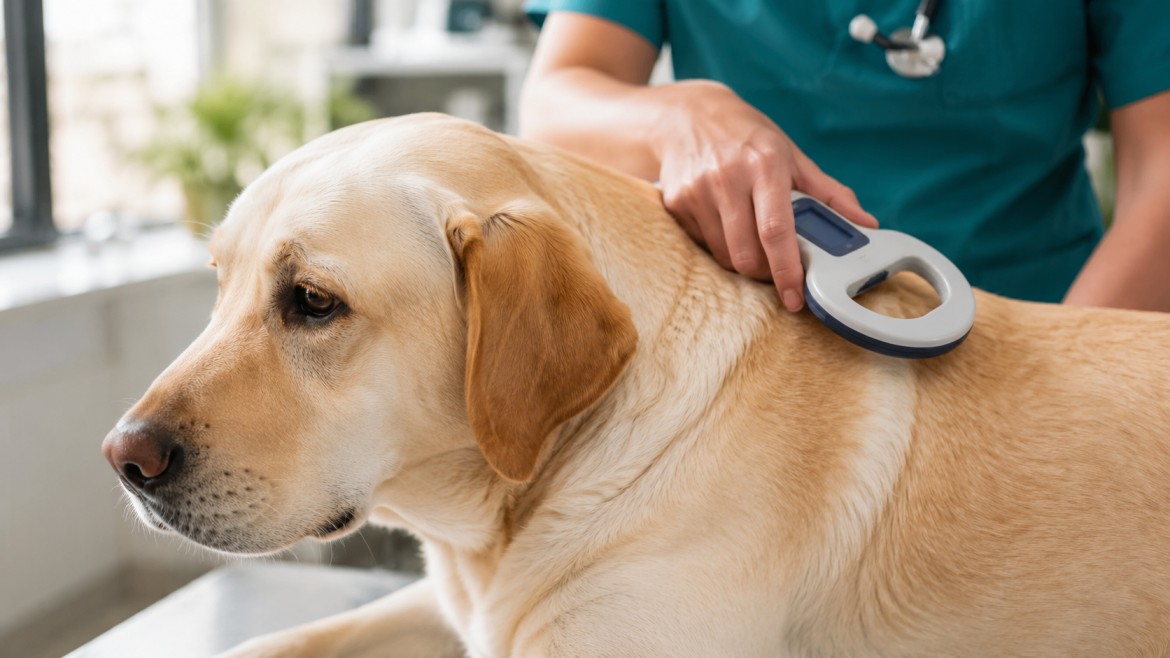 Veterinarian scanning a Labrador's microchip with a handheld reader during a check-up