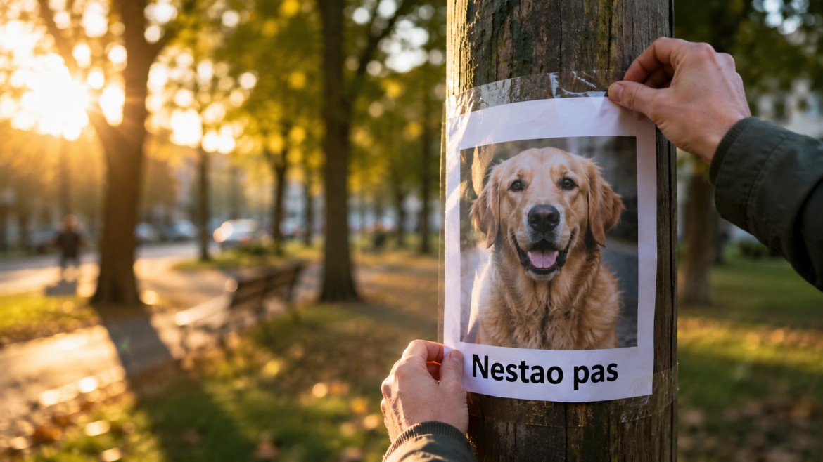 Pet owner putting up a missing-dog poster with a photo on a lamppost in a city park